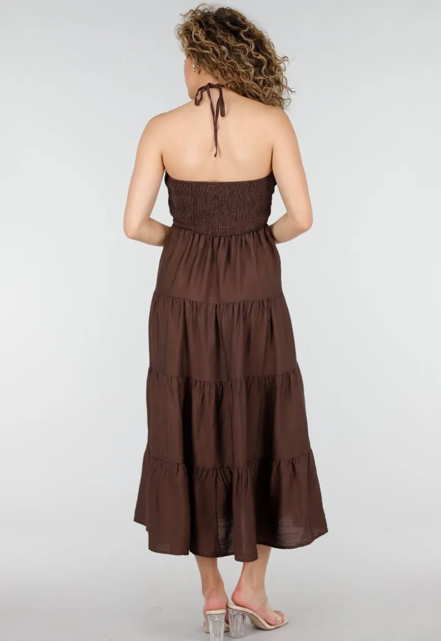 Bruine Halter Midi Jurk met Open Rug