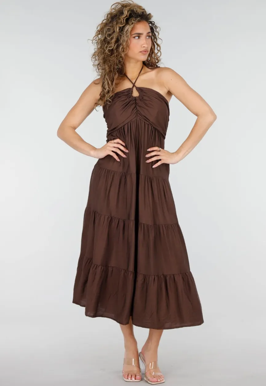 Bruine Halter Midi Jurk met Open Rug