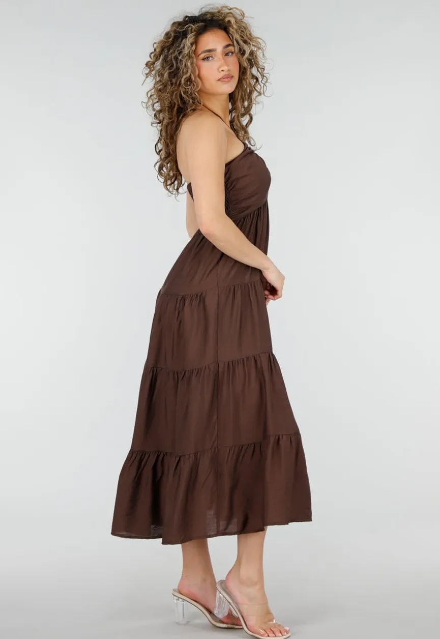 Bruine Halter Midi Jurk met Open Rug