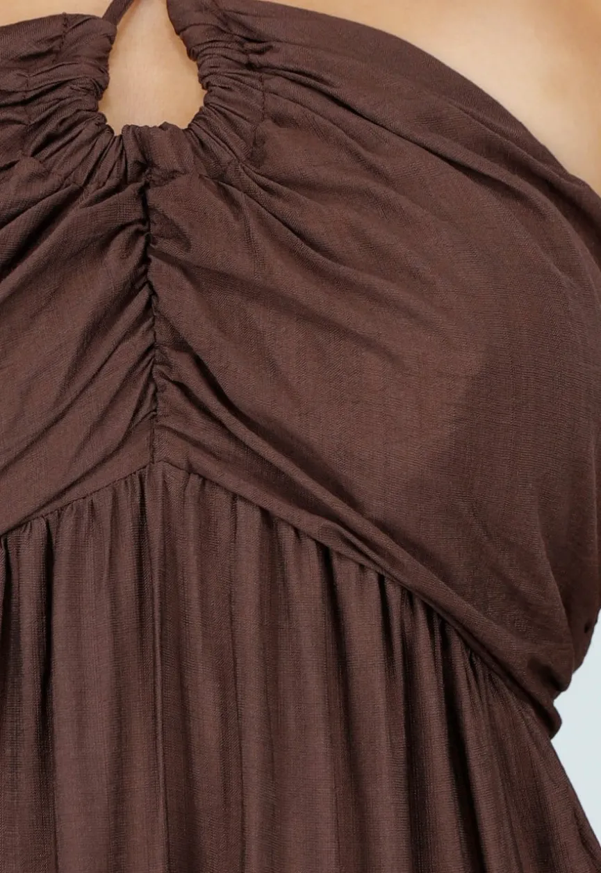 Bruine Halter Midi Jurk met Open Rug