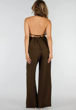 Bruine Halter Top en Wide Leg Broek Set