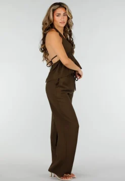 Bruine Halter Top en Wide Leg Broek Set