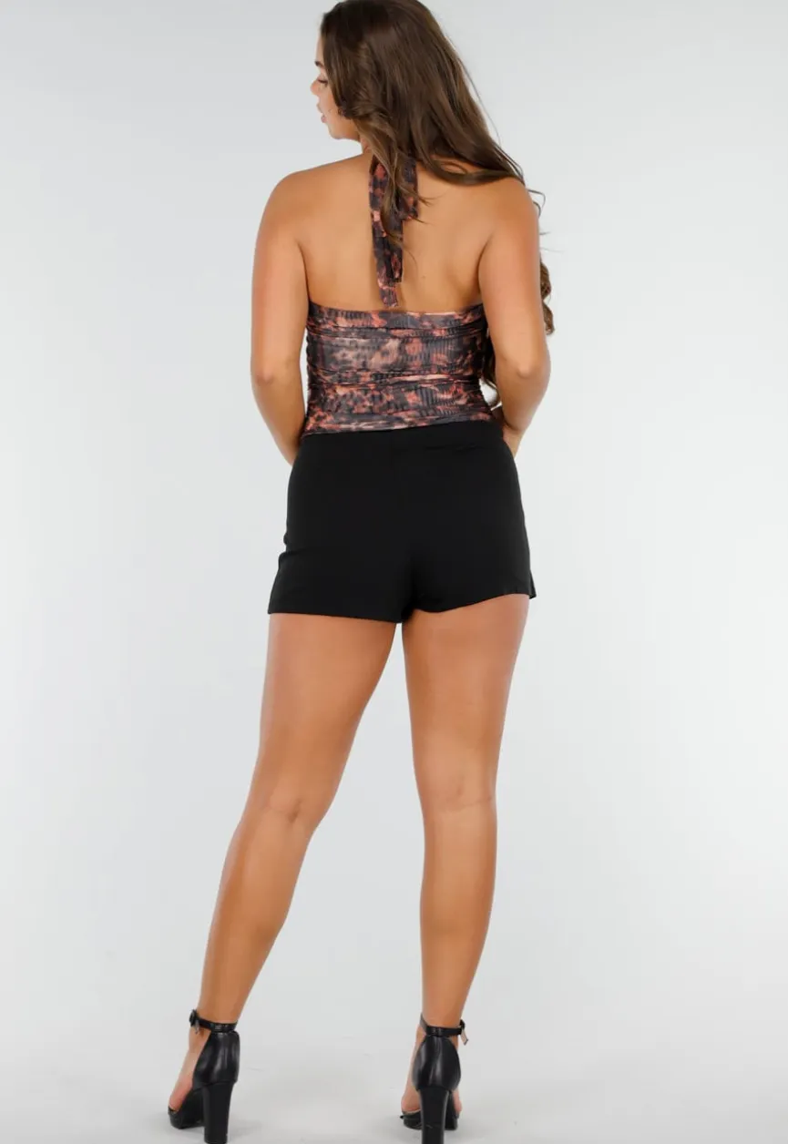 Bruine Haltertop met Luipaardprint en Rimpeldetails