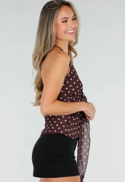 Bruine Halter Top met Polkadot Print en Strikdetail Voor Dames