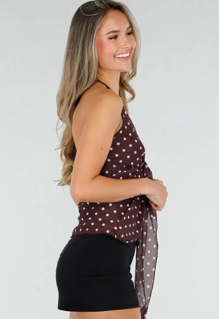 Bruine Halter Top met Polkadot Print en Strikdetail Voor Dames