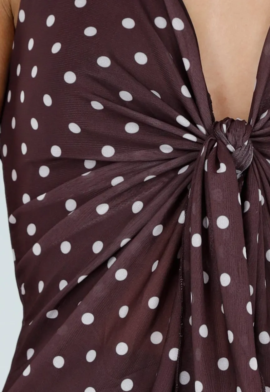 Bruine Halter Top met Polkadot Print en Strikdetail Voor Dames
