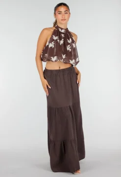 Bruine Halter Top met Witte Bloemenprint