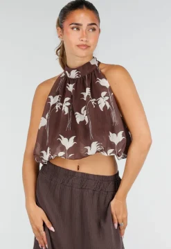 Bruine Halter Top met Witte Bloemenprint