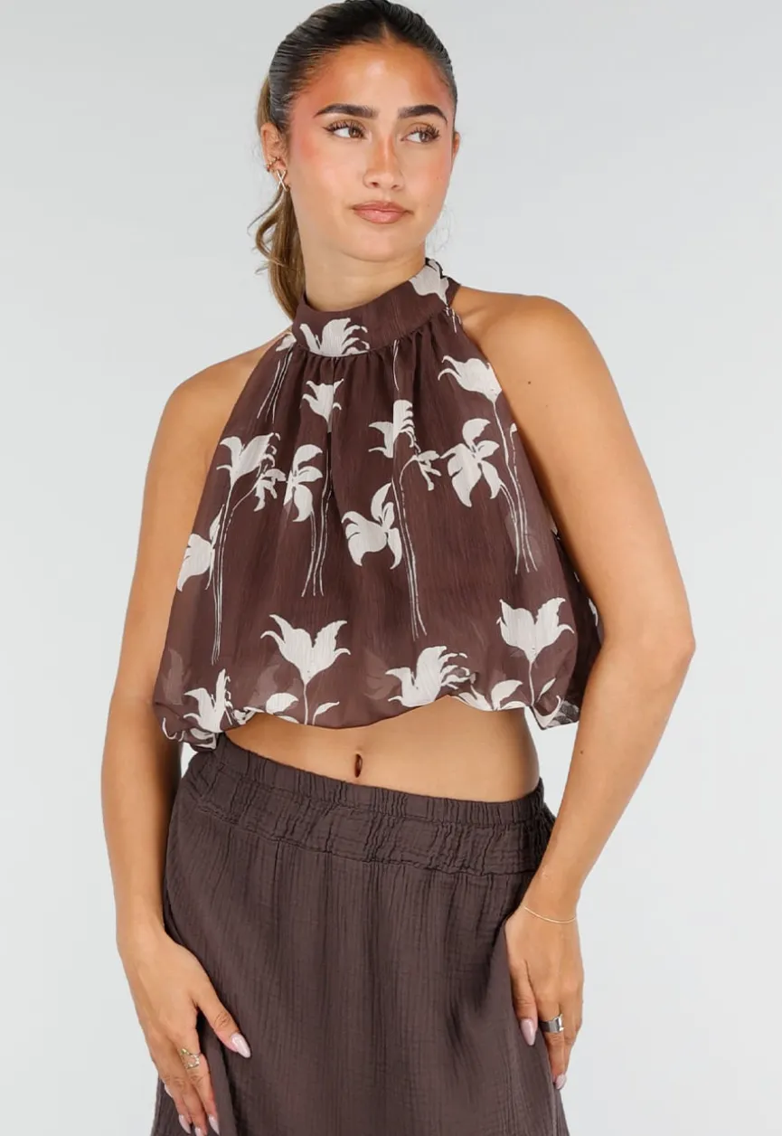 Bruine Halter Top met Witte Bloemenprint