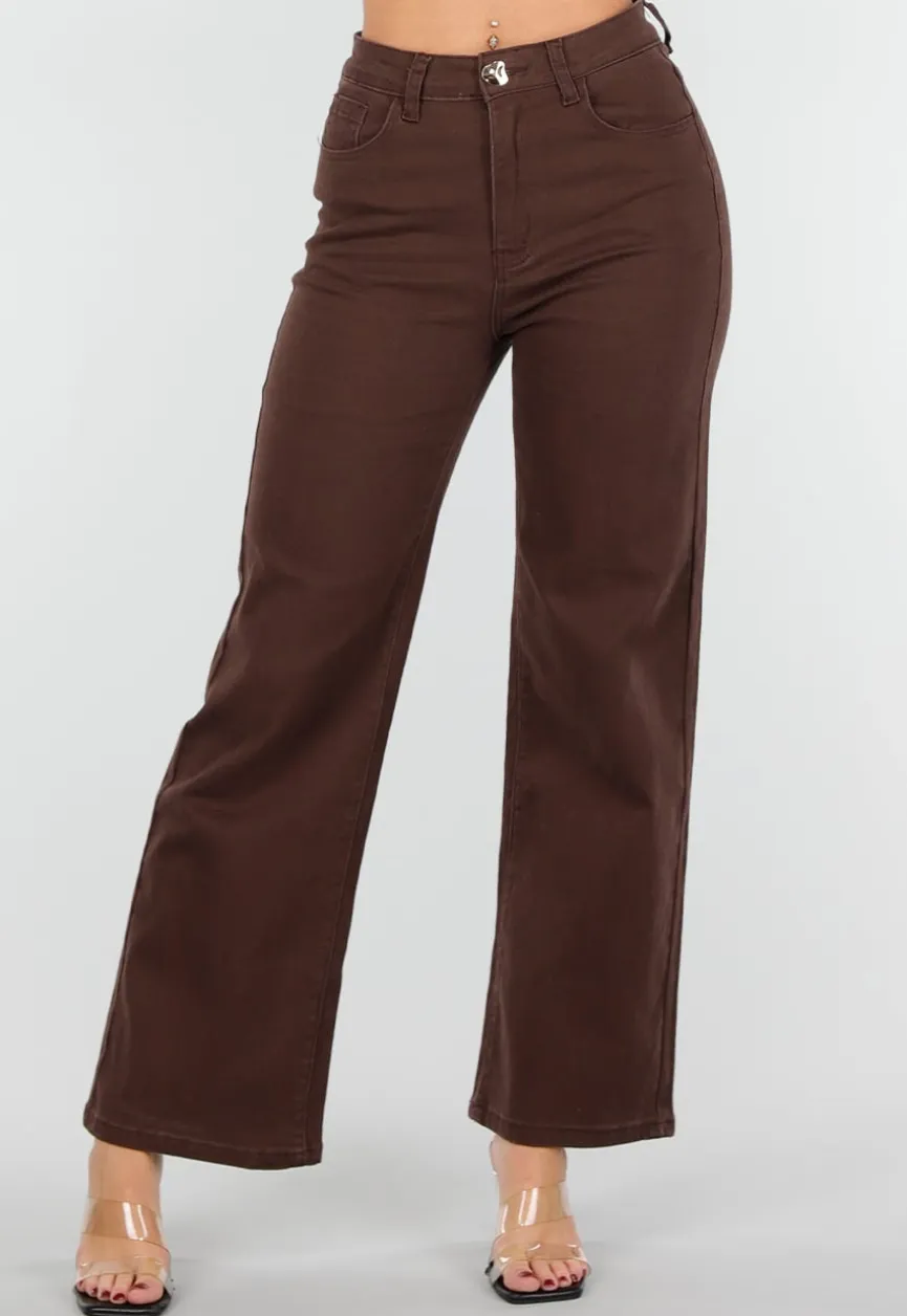Bruine High Waist Stretch Jeans met Rechte Pijpen