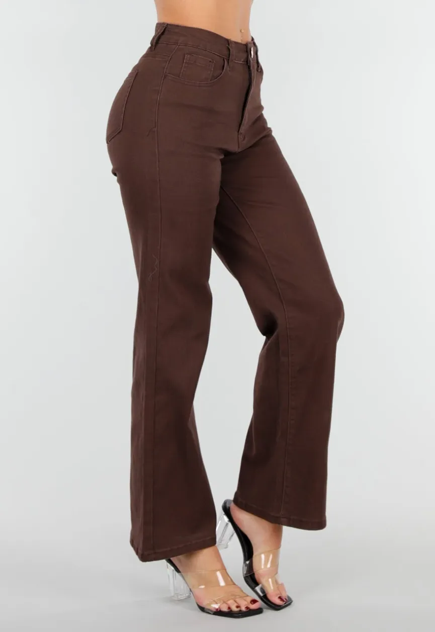 Bruine High Waist Stretch Jeans met Rechte Pijpen
