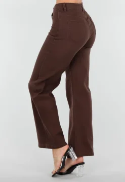 Bruine High Waist Stretch Jeans met Rechte Pijpen