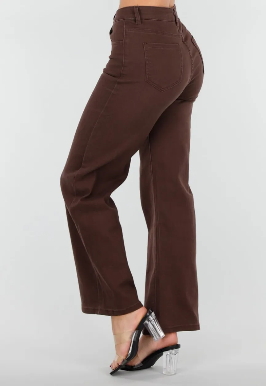 Bruine High Waist Stretch Jeans met Rechte Pijpen