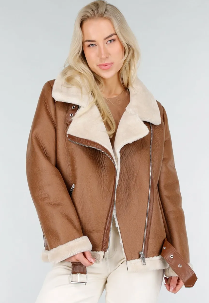 Bruine Imitatie Leren Biker Jas met Faux Fur