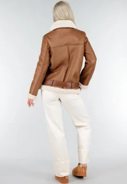Bruine Imitatie Leren Biker Jas met Faux Fur