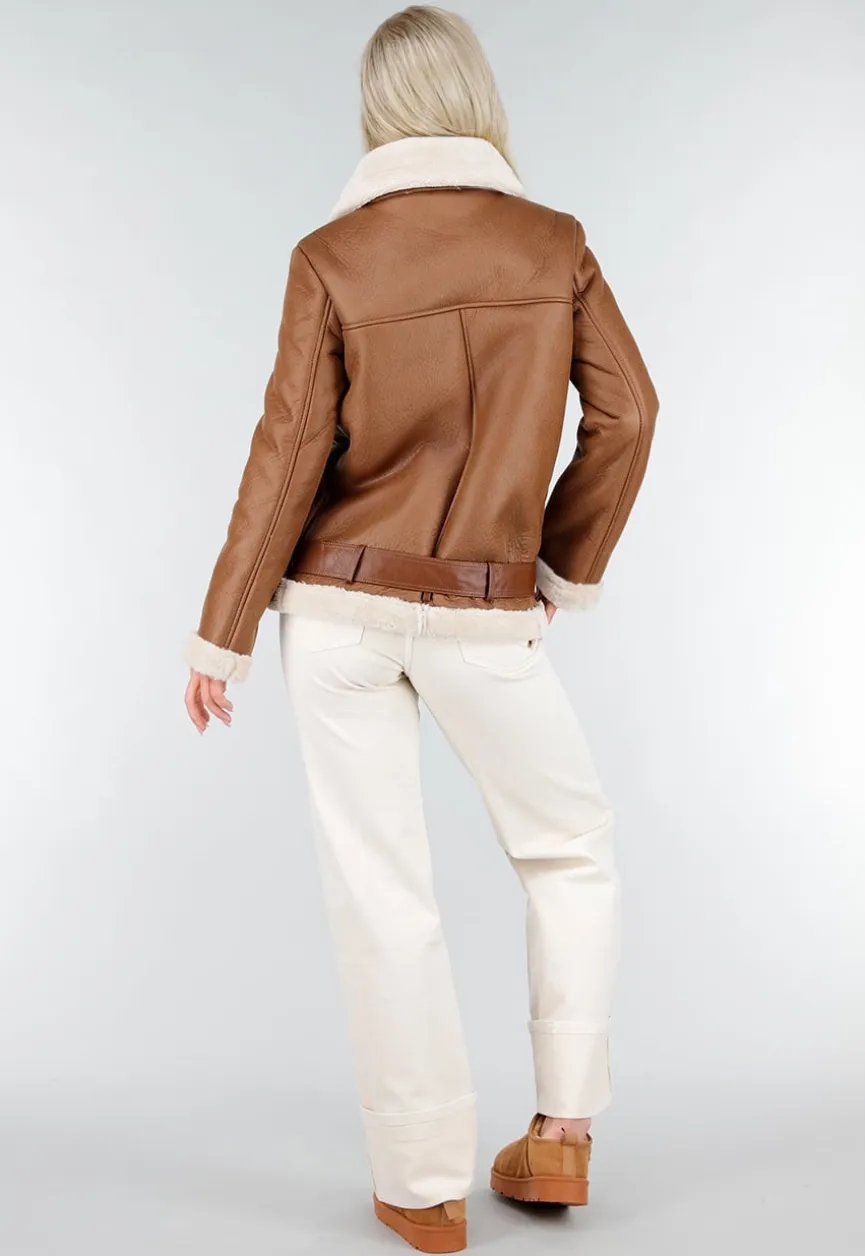 Bruine Imitatie Leren Biker Jas met Faux Fur