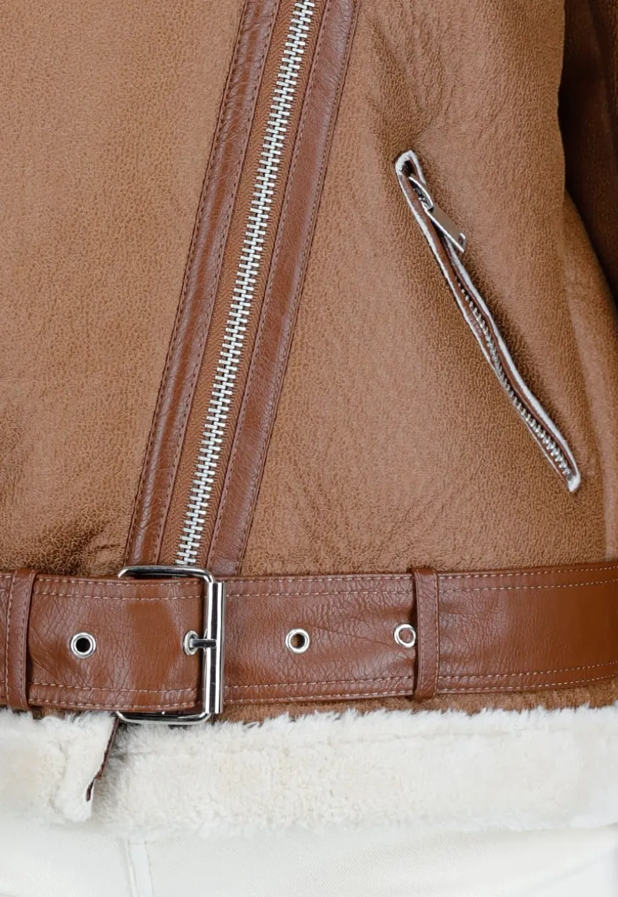 Bruine Imitatie Leren Biker Jas met Faux Fur