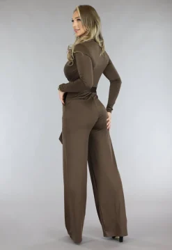 Bruine Jumpsuit met Wijde Pijpen en Tailleband