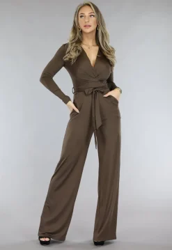 Bruine Jumpsuit met Wijde Pijpen en Tailleband