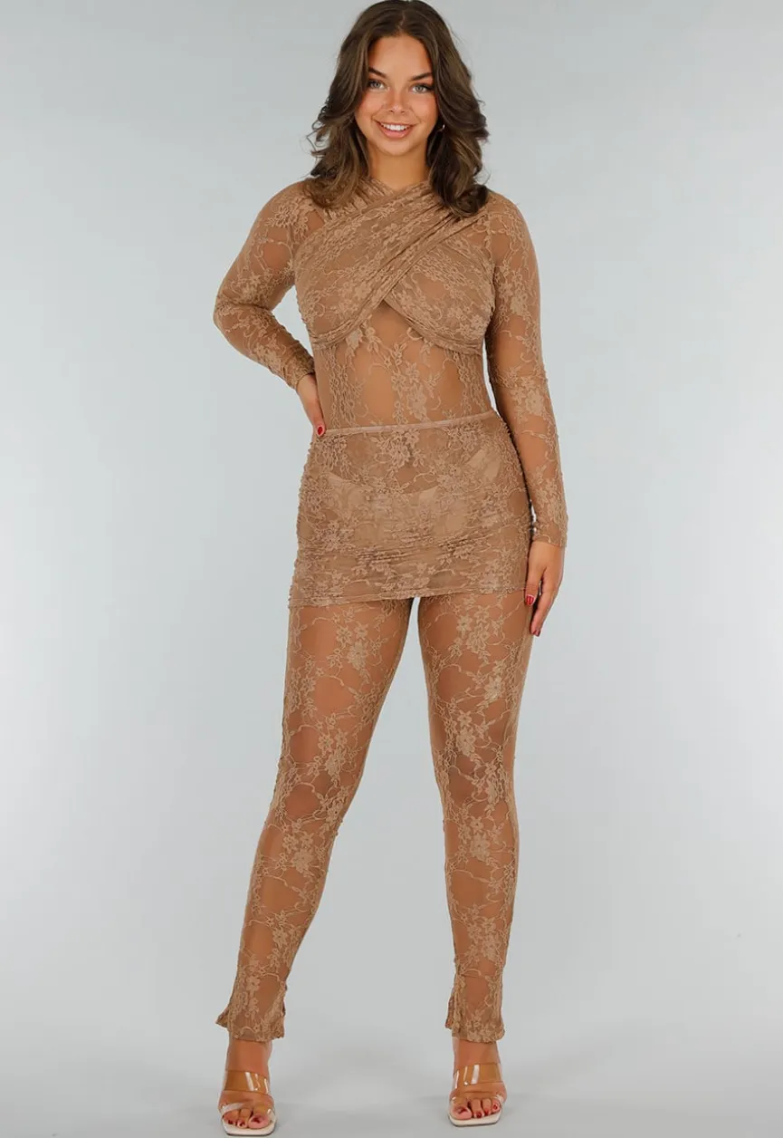 Bruine Kanten See Through Jumpsuit