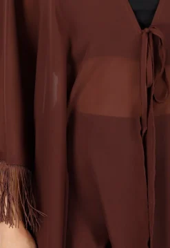 Bruine Kimono met Halflange Mouwen en Franjes