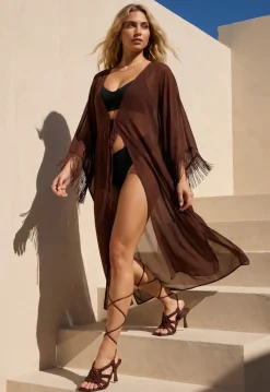 Bruine Kimono met Halflange Mouwen en Franjes