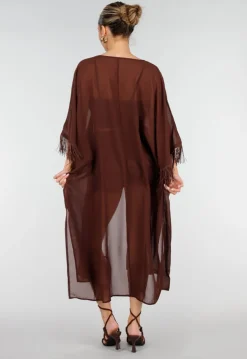 Bruine Kimono met Halflange Mouwen en Franjes