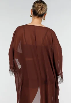 Bruine Kimono met Halflange Mouwen en Franjes