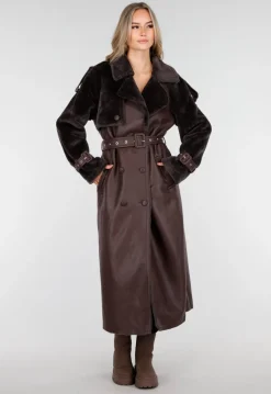 Bruine Lange Jas met Faux Fur en Ceintuur