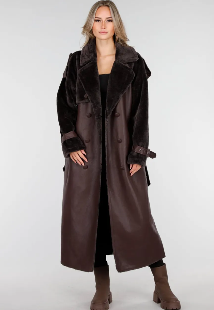Bruine Lange Jas met Faux Fur en Ceintuur