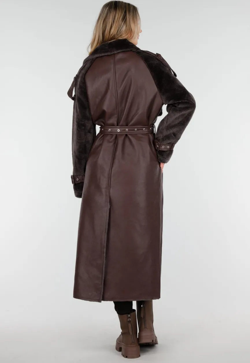 Bruine Lange Jas met Faux Fur en Ceintuur