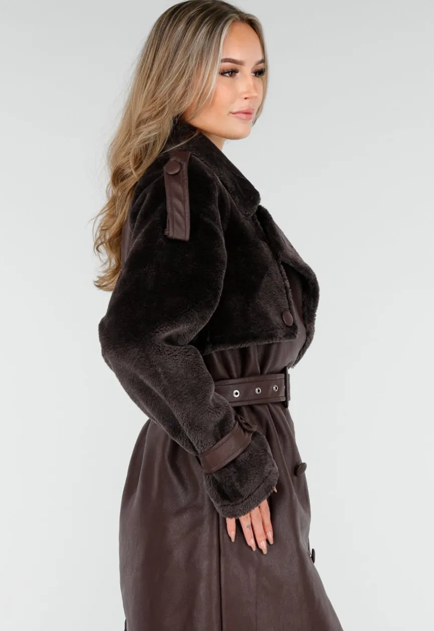 Bruine Lange Jas met Faux Fur en Ceintuur