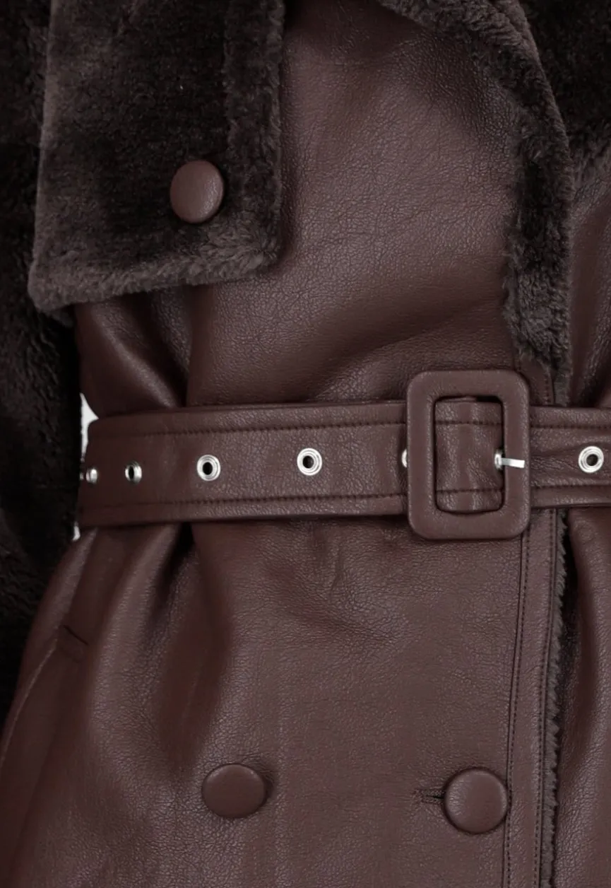 Bruine Lange Jas met Faux Fur en Ceintuur