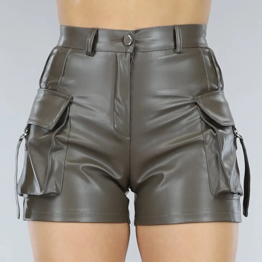 Bruine Lederlook Cargo Short met Hoge Taille