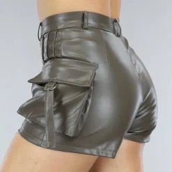 Bruine Lederlook Cargo Short met Hoge Taille