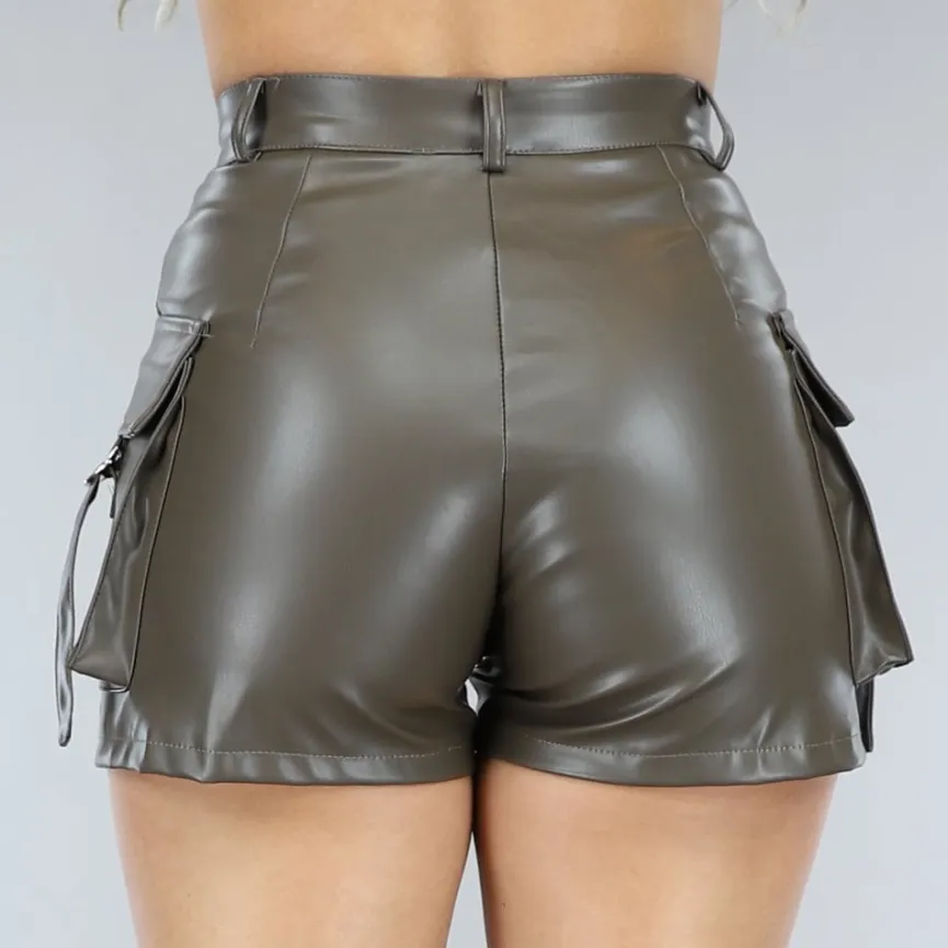 Bruine Lederlook Cargo Short met Hoge Taille