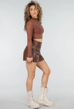 Bruine Lederlook Skort met Stretch en Binnenbroekje