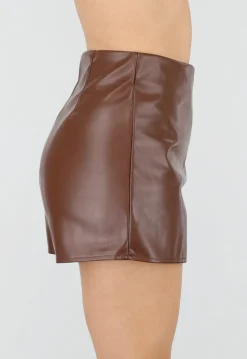 Bruine Lederlook Skort met Stretch en Binnenbroekje