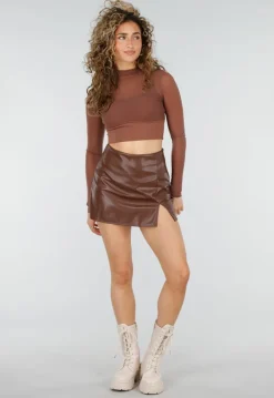 Bruine Lederlook Skort met Stretch en Binnenbroekje