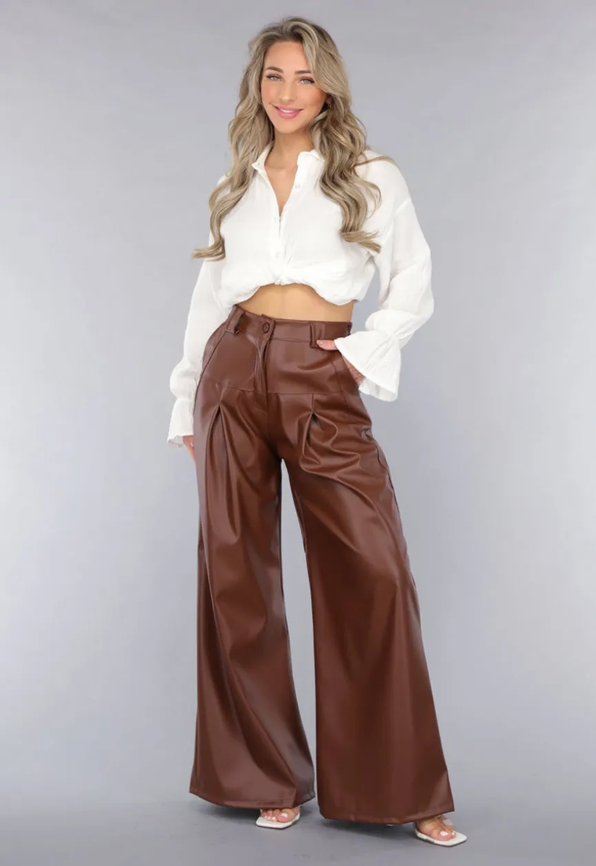 Bruine Lederlook Wide Leg Tall Broek