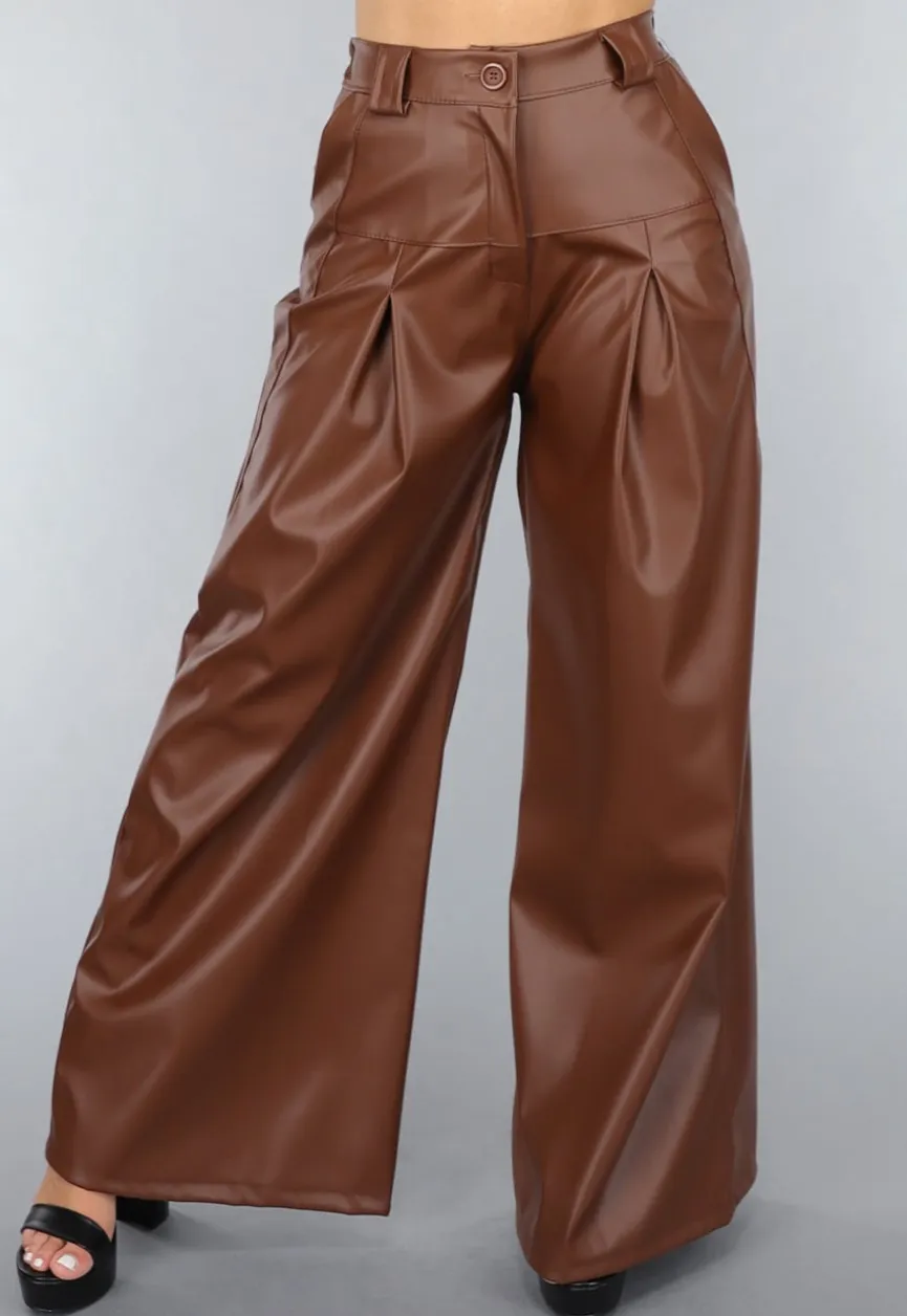 Bruine Lederlook Wide Leg Tall Broek