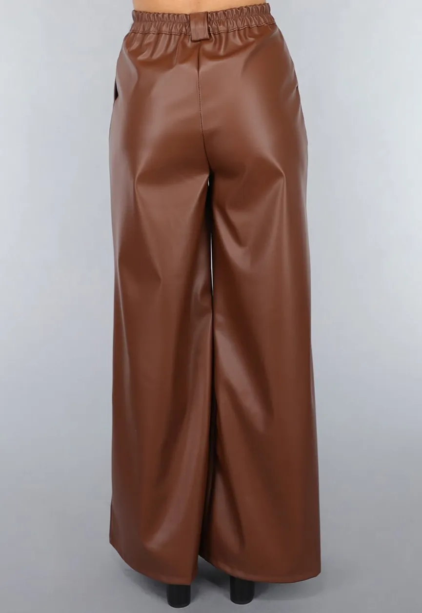 Bruine Lederlook Wide Leg Tall Broek