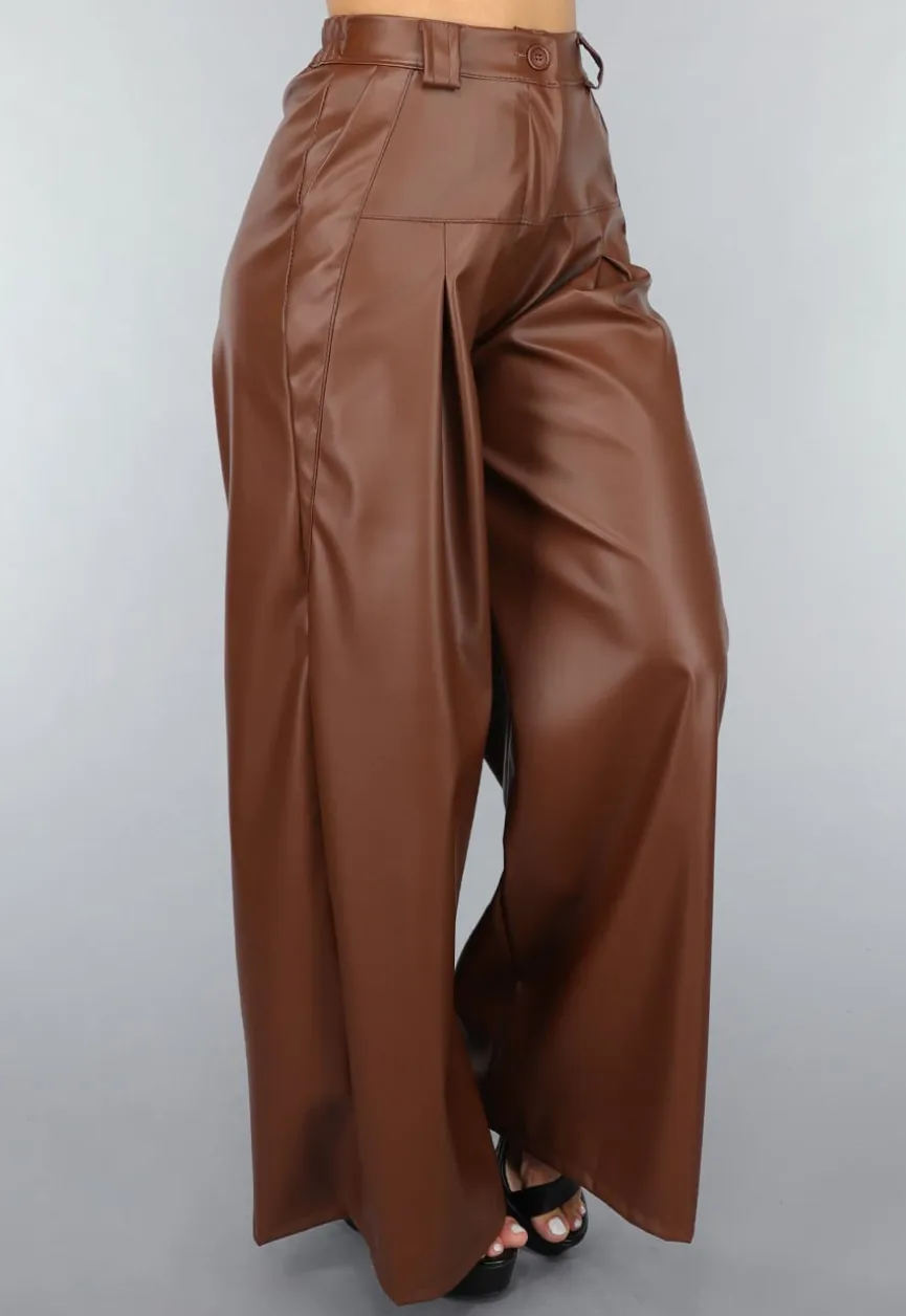 Bruine Lederlook Wide Leg Tall Broek