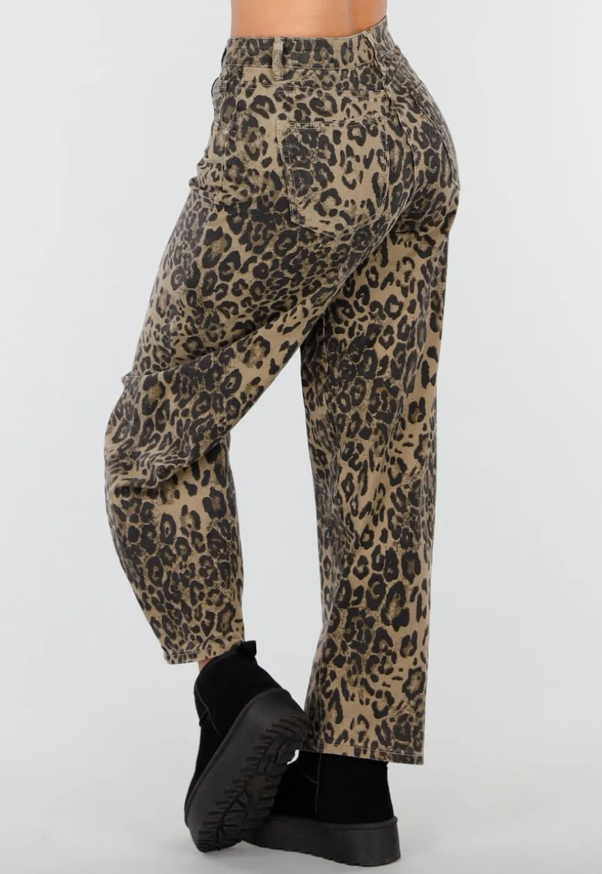 Bruine Leopard Barrel Jeans Mid Waist