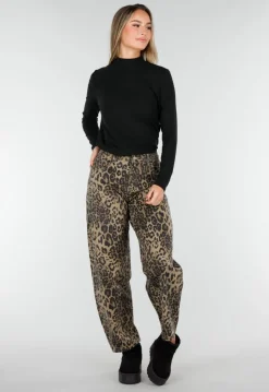 Bruine Leopard Barrel Jeans Mid Waist