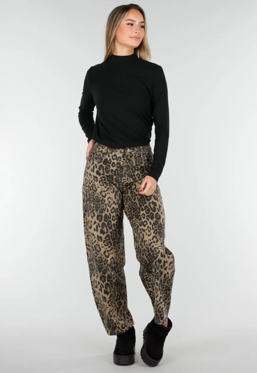 Bruine Leopard Barrel Jeans Mid Waist