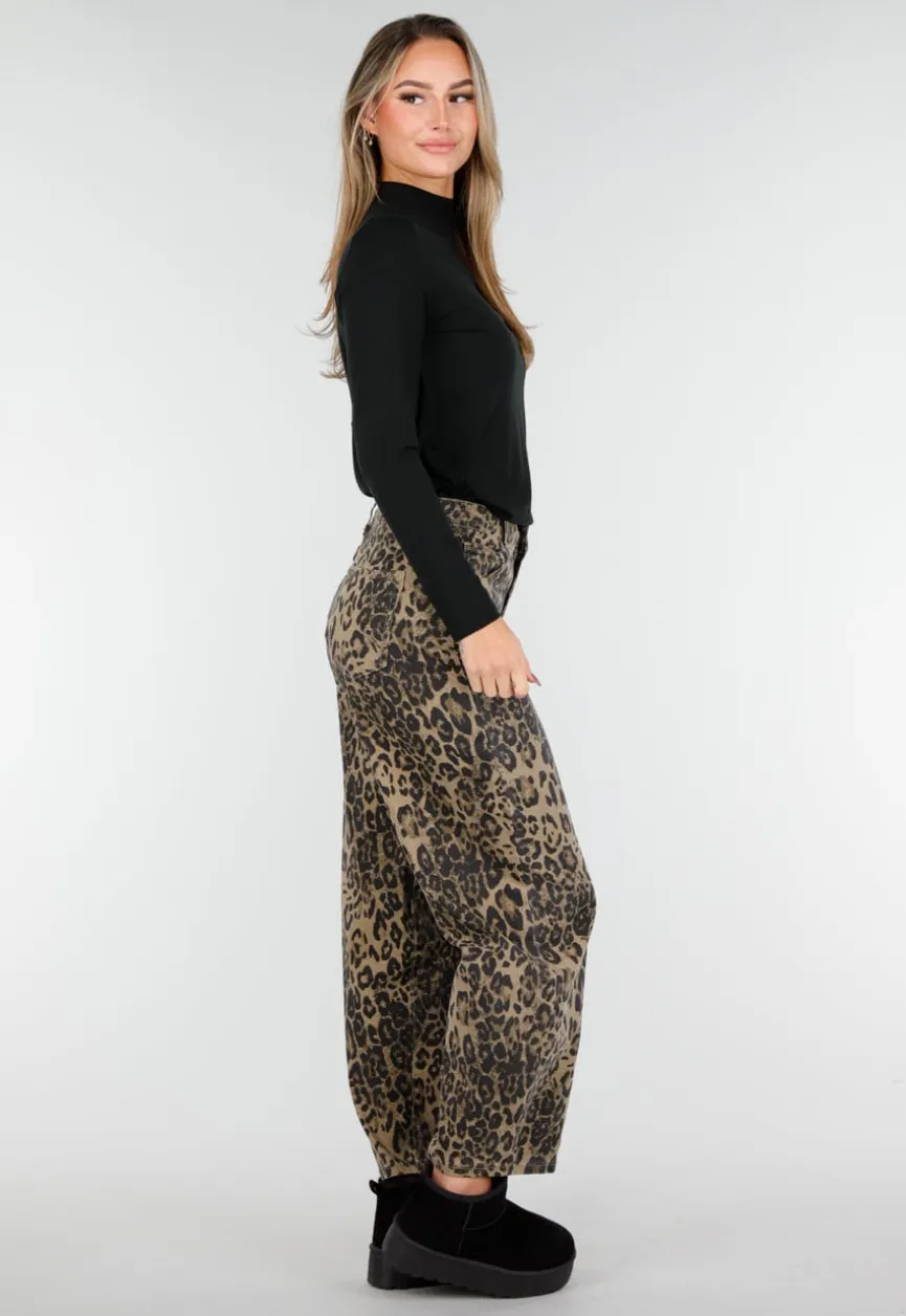 Bruine Leopard Barrel Jeans Mid Waist