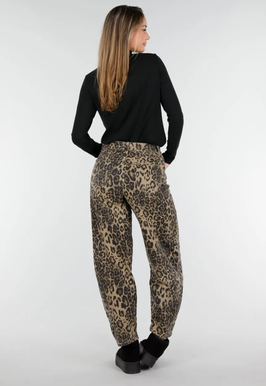 Bruine Leopard Barrel Jeans Mid Waist