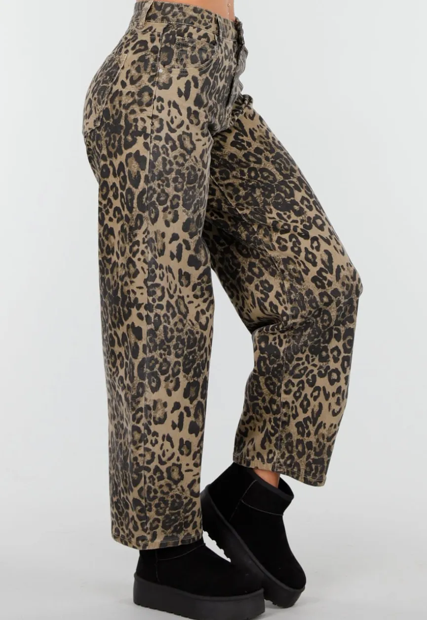 Bruine Leopard Barrel Jeans Mid Waist