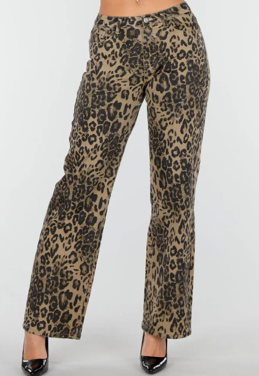 Bruine Luipaardprint Stretch Broek met Rechte Pijpen
